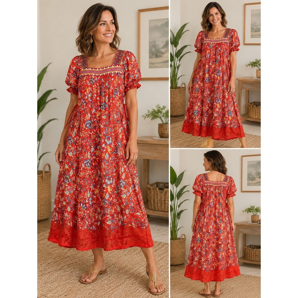 Johnny Was Jasmine Dress Floral Red Embroidered Viscose Rayon Boho Midi XS